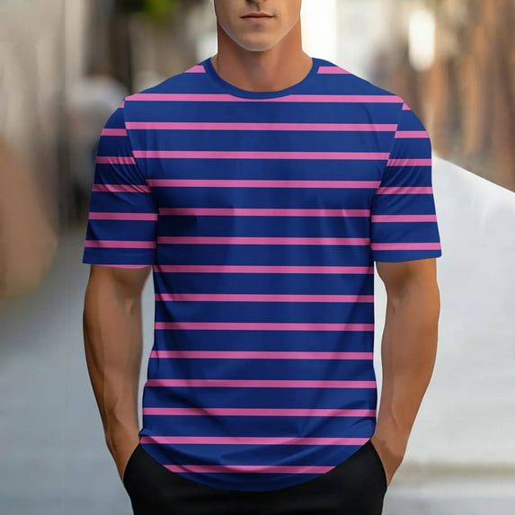Zylanna Men's Casual T-Shirts, Striped Short Sleeve Crew Neck Fashion Shirts for Men Tee Blue Size L