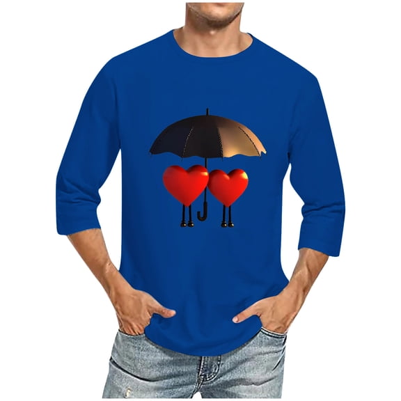 Zylanna Men's Casual T-Shirts Tee, Summer 3/4 Sleeve Crew Neck Valentine's Day Loose Tops Trouses for Men Blue Size 4XL