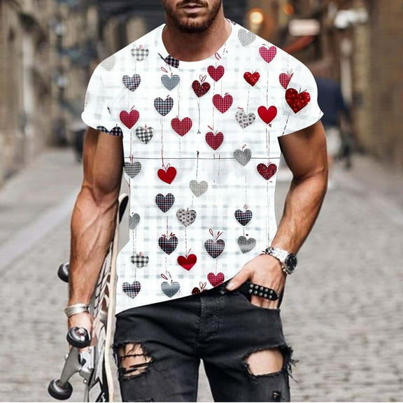 Zylanna Men's Casual T-Shirts Tee, Summer Valentine's Day Crew Neck Short Sleeve Loose Tops Trouses for Men White Size M