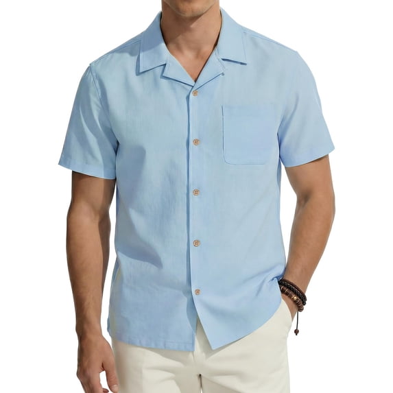 Zylanna Men's Cuban Collar Button Down Shirt, with Pockets Short Sleeve Casual Breathable Summer Beach Wear for Vacation Sky Blue