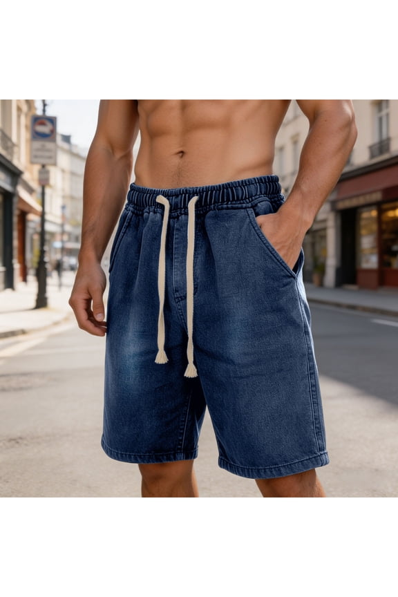 Men's Denim Shorts, Elastic Drawstring Waist Vintage Washed Jeans Shorts Baggy Loose Fit Casual Summer Jorts for Men Dark Blue