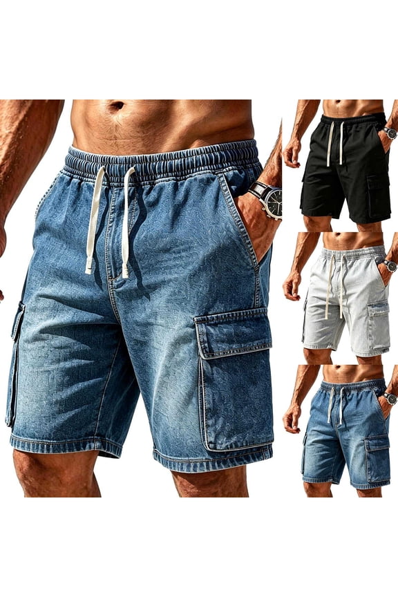 Men's Denim Shorts with Multi-Pockets, Elastic Drawstring Waist Knee Length Baggy Stretch Comfy Casual Jeans Shorts for Men Dark Blue