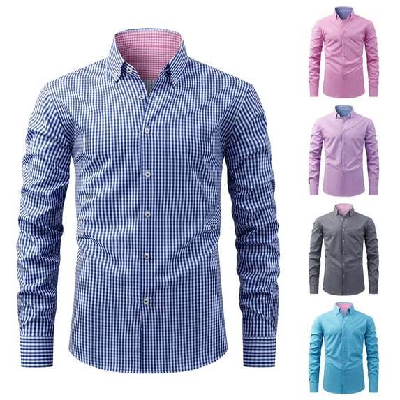 Zylanna Men's Formal Dress Shirts, Business Button Long Sleeve Plaid Turn Down Collar Shirts Sapphire Blue Size 3XL