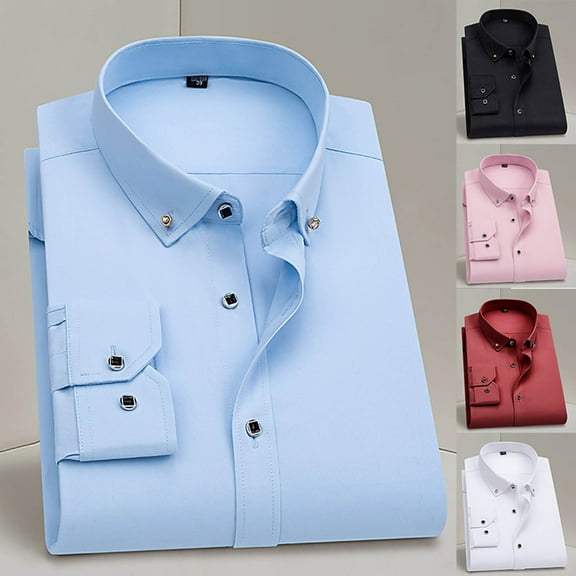 Zylanna Men's Formal Dress Shirts, Business Button Long Sleeve Solid Turn Down Collar Shirts Blue Size 2XL