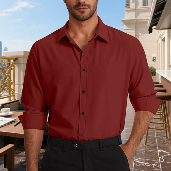 Zylanna Men's Formal Dress Shirts, Business Long Sleeve Button Solid Turn Down Collar Shirts Wine Size M