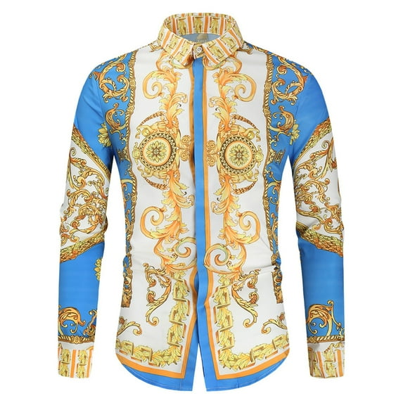 Zylanna Men's Formal Dress Shirts, Fashionable Print Long Sleeve Button Turn Down Collar Shirts Blue Size XL