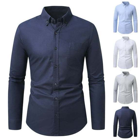 Zylanna Men's Formal Dress Shirts, Long Sleeve Pocket Business Solid Turn Down Collar Shirts Navy Size 2XL