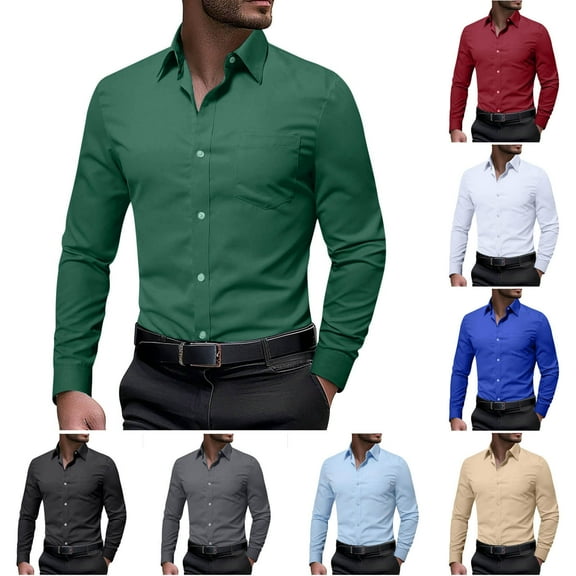 Zylanna Men's Formal Dress Shirts, Pocket Business Long Sleeve Solid Turn Down Collar Shirts Green Size XL