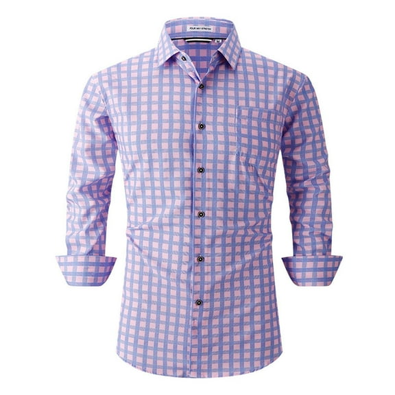 Zylanna Men's Formal Dress Shirts, Pocket Plaid Business Long Sleeve Turn Down Collar Shirts Purple Size M
