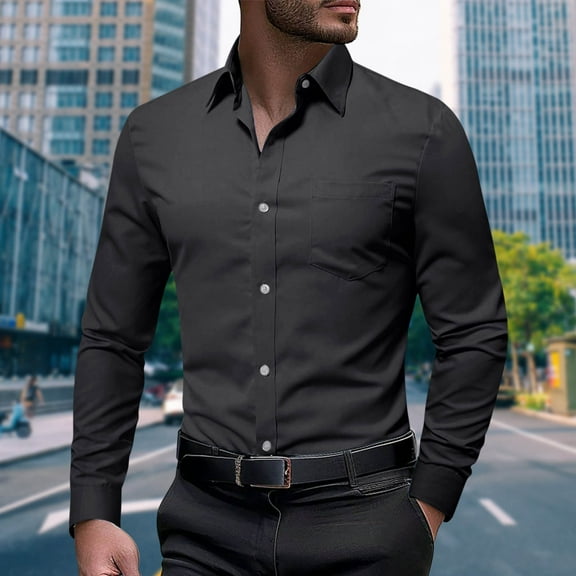 Zylanna Men's Formal Dress Shirts, Solid Business Long Sleeve Pocket Turn Down Collar Shirts Black Size L
