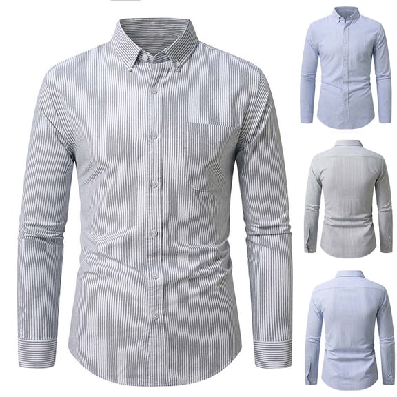 Zylanna Men's Formal Dress Shirts, Striped Business Long Sleeve Pocket Turn Down Collar Shirts Gray Size 2XL