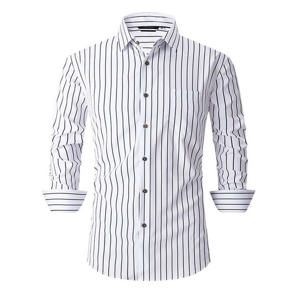 Zylanna Men's Formal Dress Shirts, Striped Business Pocket Long Sleeve Turn Down Collar Shirts White Size M
