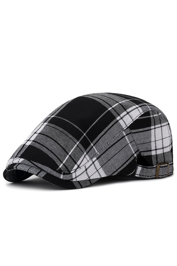 Men's Hats, Classic Plaid Pattern Four Seasons Ivy-Style Newsboy Cap Multi-Color Adjustable Flat Cap Black