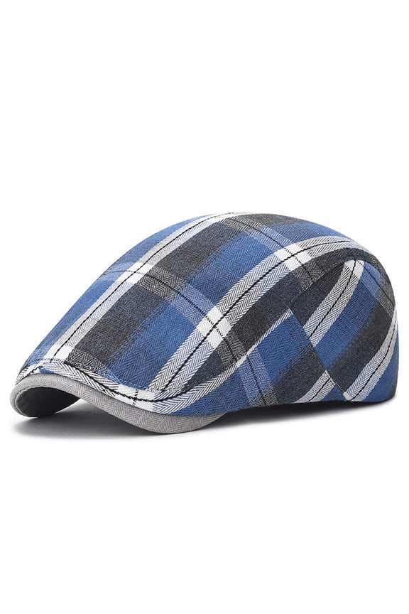 Men's Hats, Four Seasons Ivy-Style Newsboy Cap Classic Plaid Pattern Multi-Color Adjustable Flat Cap Dark Blue