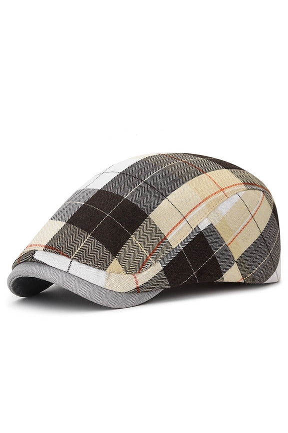 Men's Hats, Ivy-Style Newsboy Cap Multi-Color Classic Plaid Pattern Four Seasons Adjustable Flat Cap Beige