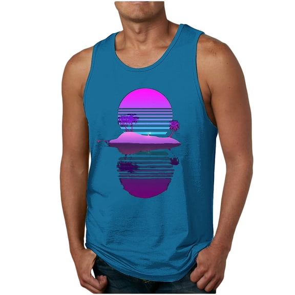 Zylanna Men's Hawaii Tank Tops Pullover, Beach Vacation Cool Vest Crew Neck Sleeveless Casual T-Shirts for Men Blue Size XL