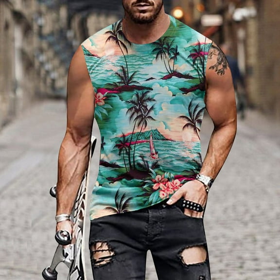 Zylanna Men's Hawaii Tank Tops Pullover, Beach Vacation Crew Neck Cool Vest Sleeveless Casual T-Shirts for Men Green Size 2XL