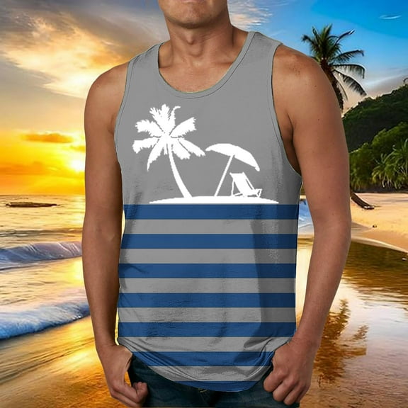 Zylanna Men's Hawaii Tank Tops Pullover, Beach Vacation Crew Neck Sleeveless Cool Vest Casual T-Shirts for Men Gray Size XL