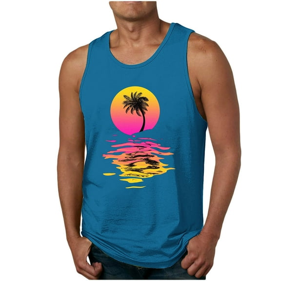 Zylanna Men's Hawaii Tank Tops Pullover, Beach Vacation Sleeveless Cool Vest Crew Neck Casual T-Shirts for Men Blue Size M