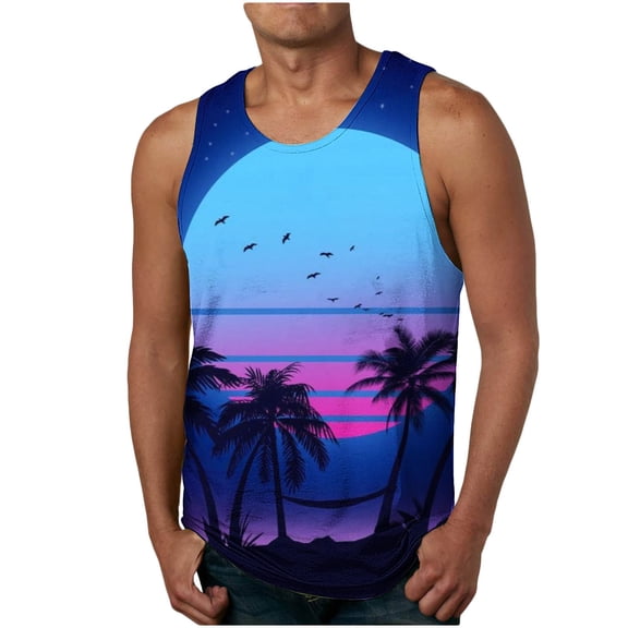 Zylanna Men's Hawaii Tank Tops Pullover, Cool Vest Beach Vacation Crew Neck Sleeveless Casual T-Shirts for Men Dark Blue Size S