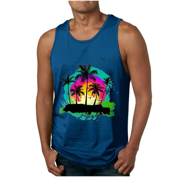 Zylanna Men's Hawaii Tank Tops Pullover, Cool Vest Beach Vacation Sleeveless Crew Neck Casual T-Shirts for Men Blue Size XL