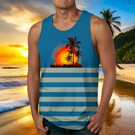 Zylanna Men's Hawaii Tank Tops Pullover, Cool Vest Sleeveless Beach Vacation Crew Neck Casual T-Shirts for Men Blue Size S