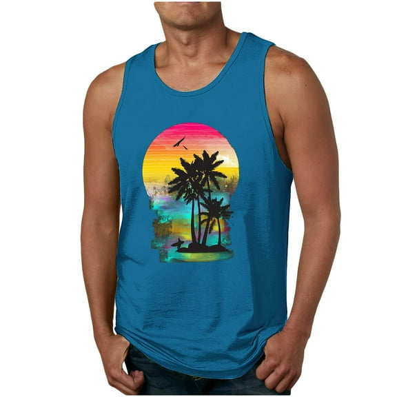 Zylanna Men's Hawaii Tank Tops Pullover, Cool Vest Sleeveless Beach Vacation Crew Neck Casual T-Shirts for Men Blue Size XL