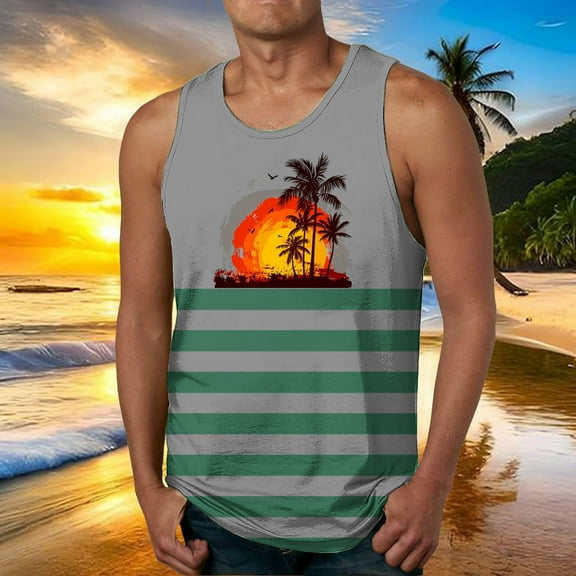 Zylanna Men's Hawaii Tank Tops Pullover, Cool Vest Sleeveless Beach Vacation Crew Neck Casual T-Shirts for Men Gray Size L