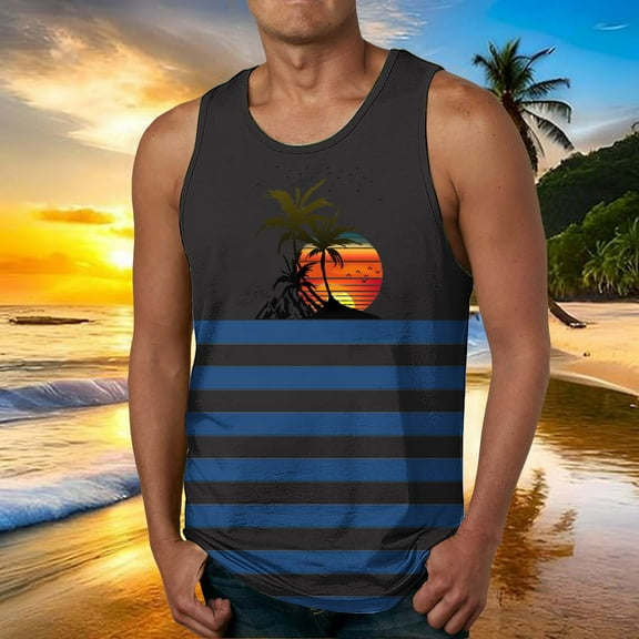 Zylanna Men's Hawaii Tank Tops Pullover, Crew Neck Beach Vacation Cool Vest Sleeveless Casual T-Shirts for Men Black Size 4XL
