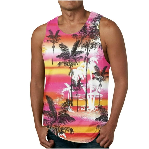 Zylanna Men's Hawaii Tank Tops Pullover, Crew Neck Beach Vacation Sleeveless Cool Vest Casual T-Shirts for Men Red Size 2XL