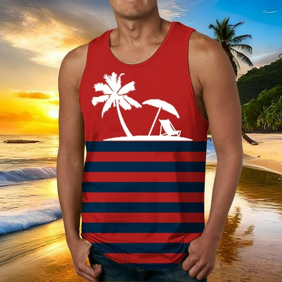 Zylanna Men's Hawaii Tank Tops Pullover, Crew Neck Beach Vacation Sleeveless Cool Vest Casual T-Shirts for Men Red Size M