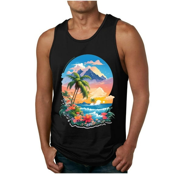 Zylanna Men's Hawaii Tank Tops Pullover, Crew Neck Cool Vest Beach Vacation Sleeveless Casual T-Shirts for Men Black Size S