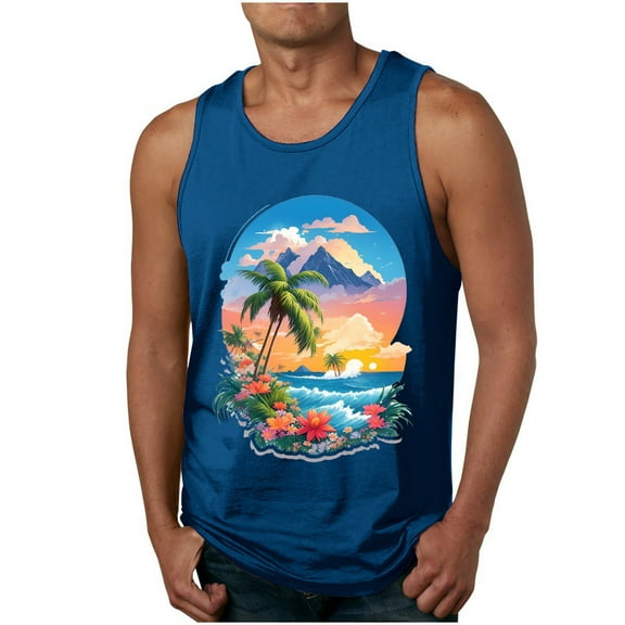 Zylanna Men's Hawaii Tank Tops Pullover, Crew Neck Cool Vest Beach Vacation Sleeveless Casual T-Shirts for Men Blue Size S
