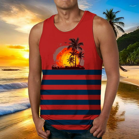 Zylanna Men's Hawaii Tank Tops Pullover, Crew Neck Cool Vest Beach Vacation Sleeveless Casual T-Shirts for Men Red Size 4XL