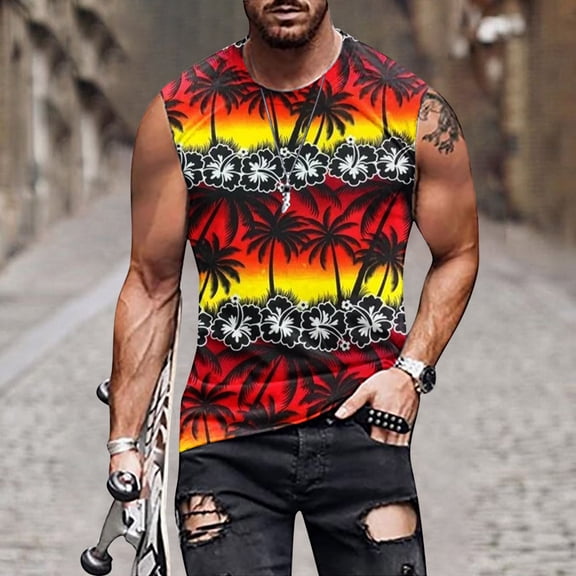 Zylanna Men's Hawaii Tank Tops Pullover, Crew Neck Cool Vest Sleeveless Beach Vacation Casual T-Shirts for Men Orange Size XL