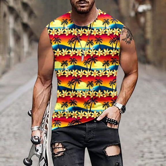 Zylanna Men's Hawaii Tank Tops Pullover, Crew Neck Cool Vest Sleeveless Beach Vacation Casual T-Shirts for Men Yellow Size M