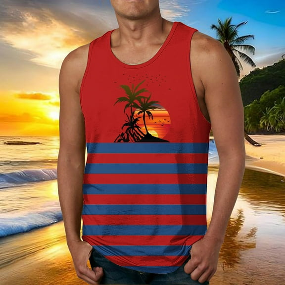 Zylanna Men's Hawaii Tank Tops Pullover, Crew Neck Sleeveless Beach Vacation Cool Vest Casual T-Shirts for Men Red Size L