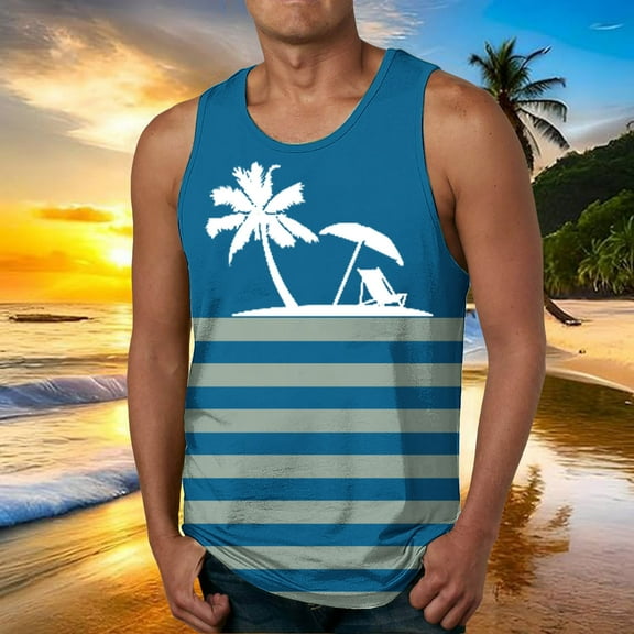 Zylanna Men's Hawaii Tank Tops Pullover, Sleeveless Cool Vest Beach Vacation Crew Neck Casual T-Shirts for Men Blue Size L