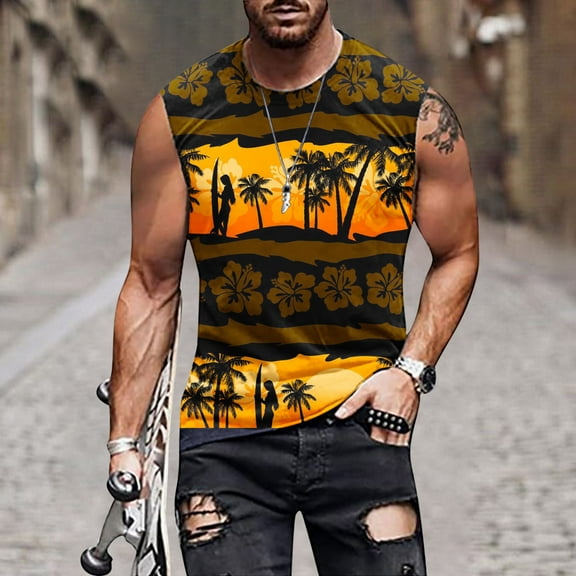 Zylanna Men's Hawaii Tank Tops Pullover, Sleeveless Cool Vest Beach Vacation Crew Neck Casual T-Shirts for Men Orange Size L