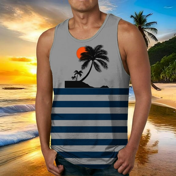 Zylanna Men's Hawaii Tank Tops Pullover, Sleeveless Crew Neck Cool Vest Beach Vacation Casual T-Shirts for Men Gray Size XL