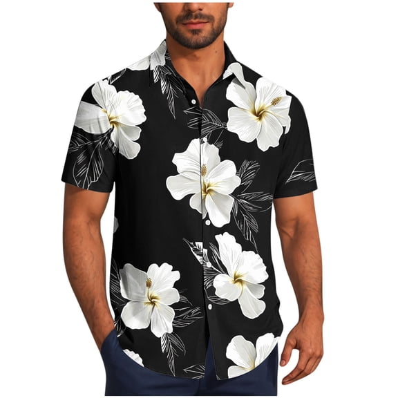 Zylanna Men's Hawaiian Shirts, Casual Quickly Dry Short Sleeve Turndown Collar Summer Beach Button Down Shirts Black Size S