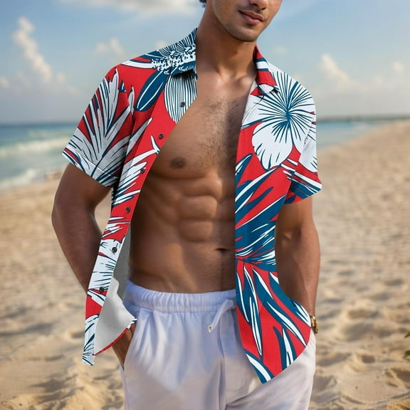 Zylanna Men's Hawaiian Shirts, Casual Quickly Dry Short Sleeve Turndown Collar Summer Beach Button Down Shirts Hot Pink Size 4XL