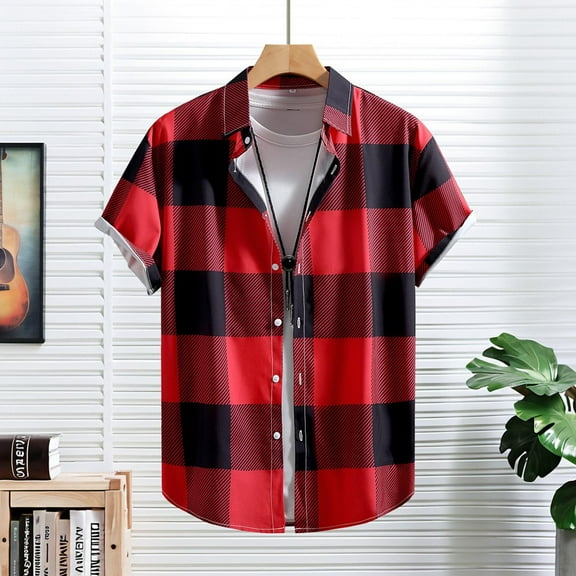 Zylanna Men's Hawaiian Shirts, Casual Quickly Dry Short Sleeve Turndown Collar Summer Beach Button Down Shirts Red Size 2XL