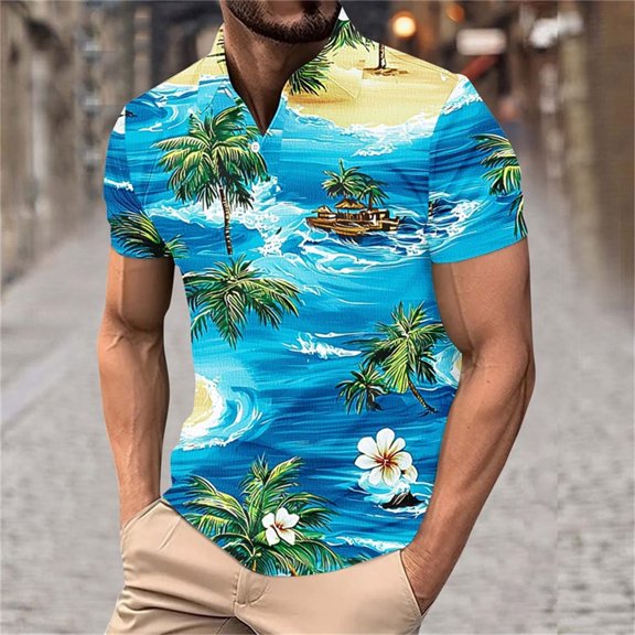 Zylanna Men's Hawaiian Shirts, Casual Quickly Dry Short Sleeve Turndown Collar Summer Beach Button Down Shirts Sky Blue Size 3XL