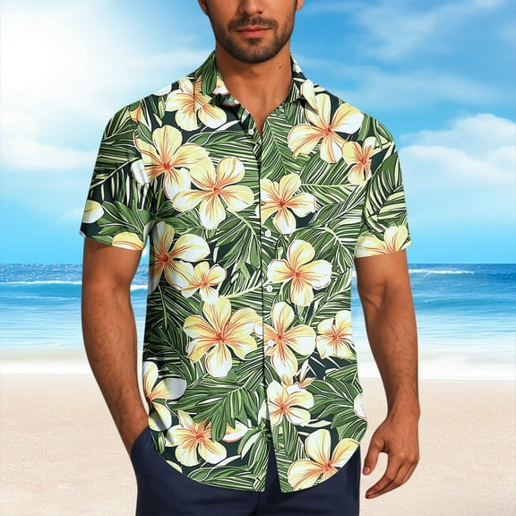 Zylanna Men's Hawaiian Shirts, Casual Quickly Dry Turndown Collar Short Sleeve Summer Beach Button Down Shirts Army Green Size XL