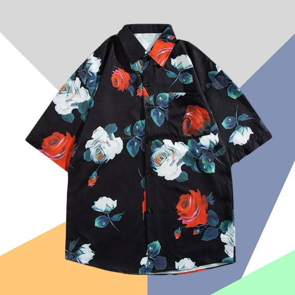 Zylanna Men's Hawaiian Shirts, Casual Quickly Dry Turndown Collar Short Sleeve Summer Beach Button Down Shirts Black Size 2XL