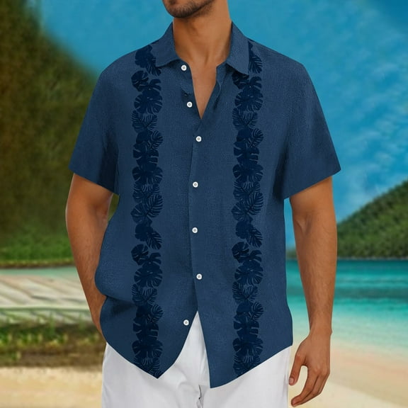 Zylanna Men's Hawaiian Shirts, Casual Short Sleeve Quickly Dry Turndown Collar Summer Beach Button Down Shirts Navy Size 4XL
