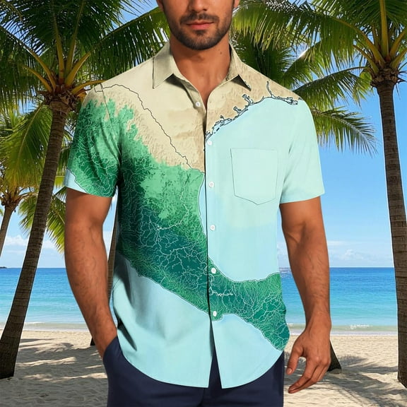 Zylanna Men's Hawaiian Shirts, Casual Turndown Collar Quickly Dry Short Sleeve Summer Beach Button Down Shirts Light Blue Size 3XL