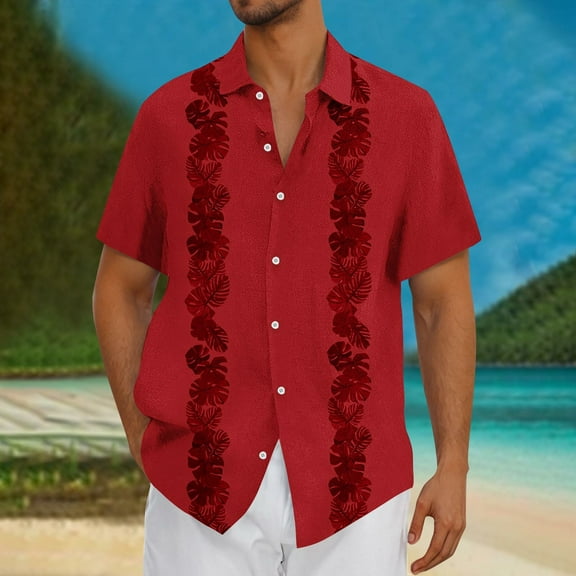 Zylanna Men's Hawaiian Shirts, Casual Turndown Collar Quickly Dry Short Sleeve Summer Beach Button Down Shirts Red Size 4XL