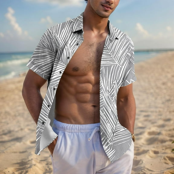 Zylanna Men's Hawaiian Shirts, Casual Turndown Collar Short Sleeve Quickly Dry Summer Beach Button Down Shirts Gray Size S